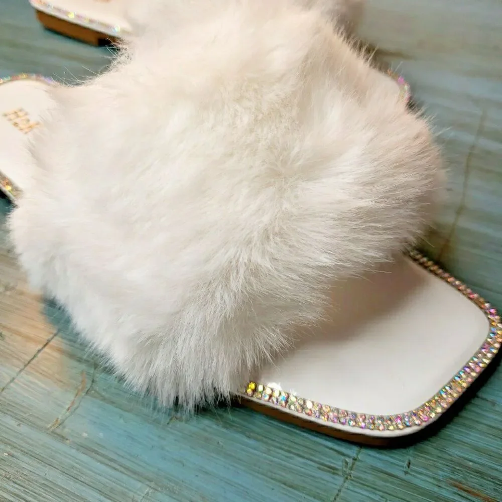 Faux Fur Rhinestone Slides Sandals Slippers Wedding Fuzzy Bling Cute Women Sz 10 - Picture 4 of 16
